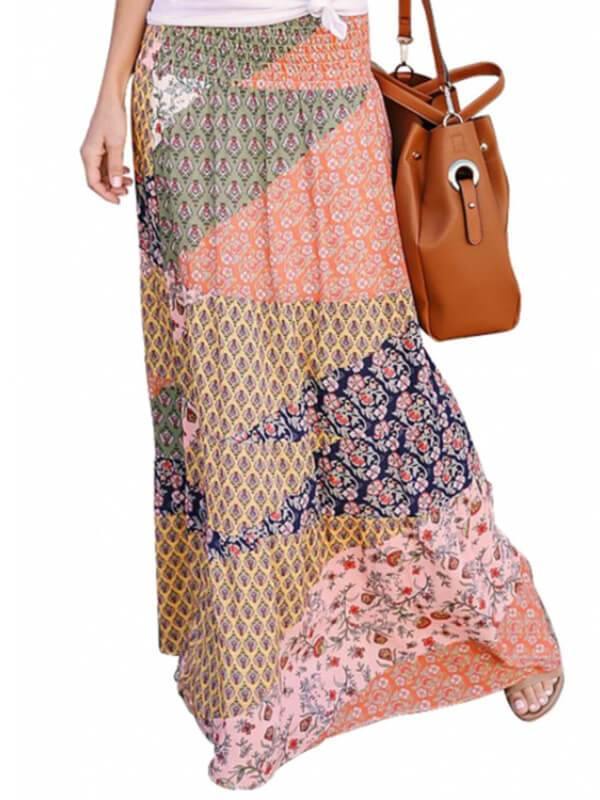 Chalier Women Boho Print Tie-Up Waist Long Maxi Skirt - CHALIER