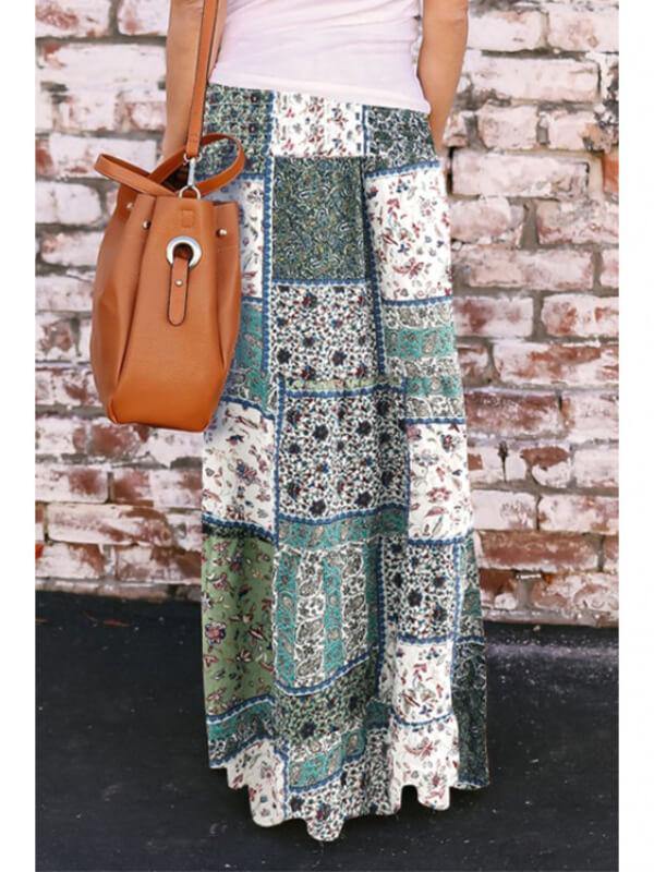 Chalier Women Boho Print Tie-Up Waist Long Maxi Skirt - CHALIER
