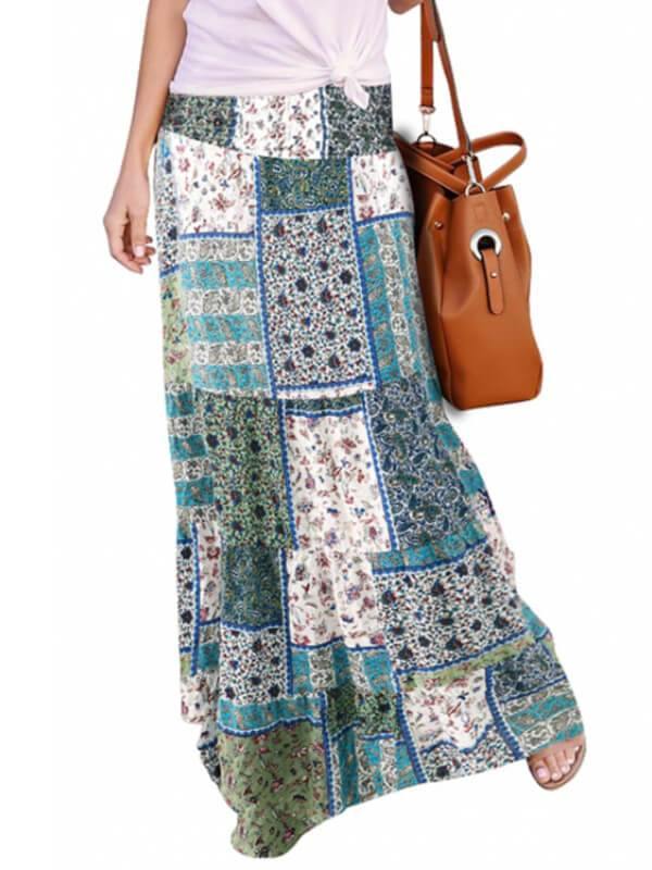 Chalier Women Boho Print Tie-Up Waist Long Maxi Skirt - CHALIER