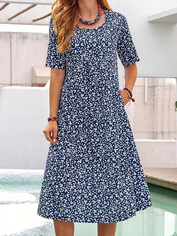 Women's Floral Printed Dress Casual Short Sleeve Midi Dress Plus Size - CHALIER