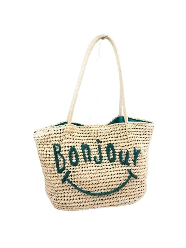 Women's Letter Embroidery Woven Straw Shoulder Handbag Tote Bag