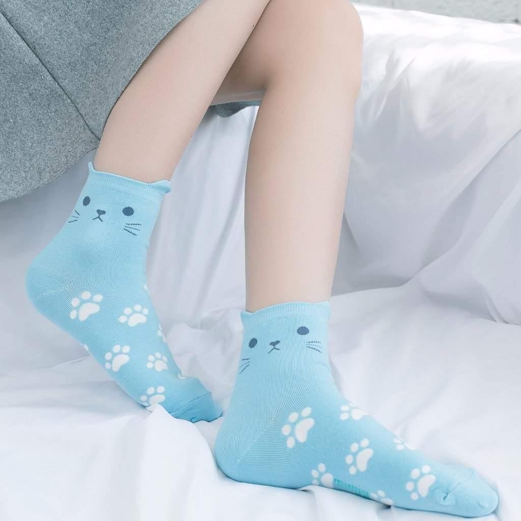 Womens Cotton Cartoon Cute Cat Ears Socks Set 5 Pairs - CHALIER