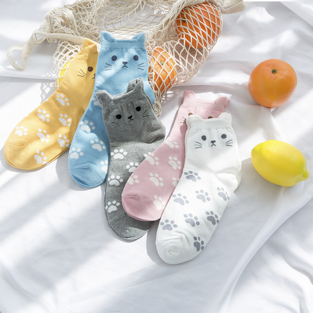 Womens Cotton Cartoon Cute Cat Ears Socks Set 5 Pairs - CHALIER