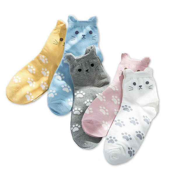 Womens Cotton Cartoon Cute Cat Ears Socks Set 5 Pairs - CHALIER