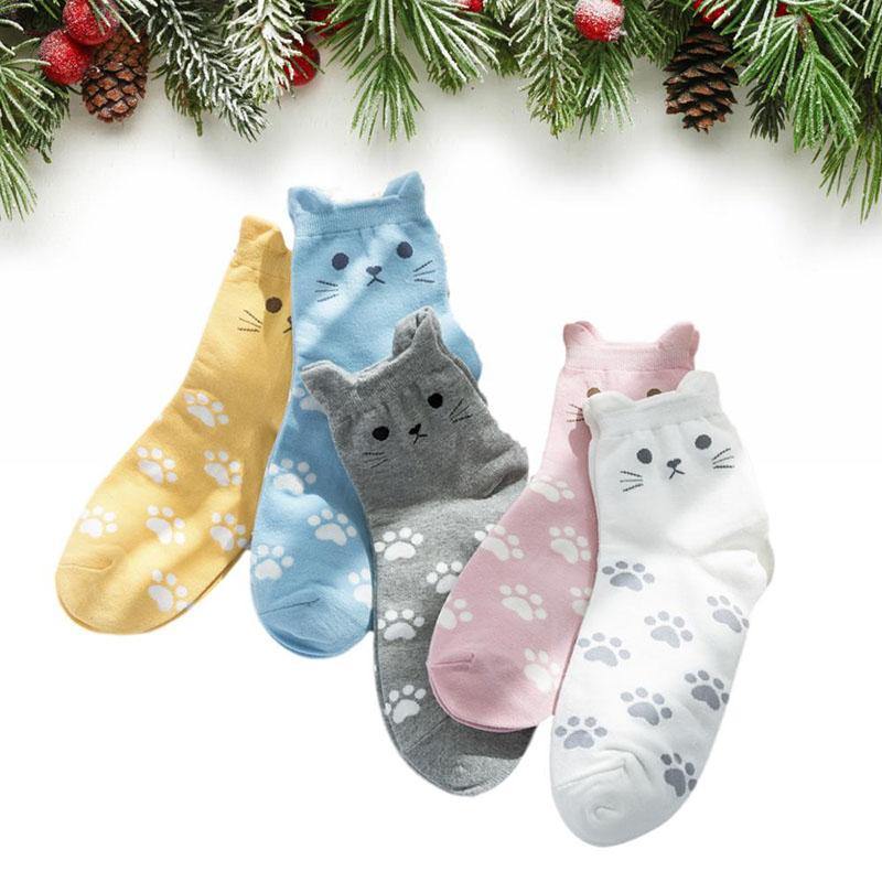 Womens Cotton Cartoon Cute Cat Ears Socks Set 5 Pairs - CHALIER