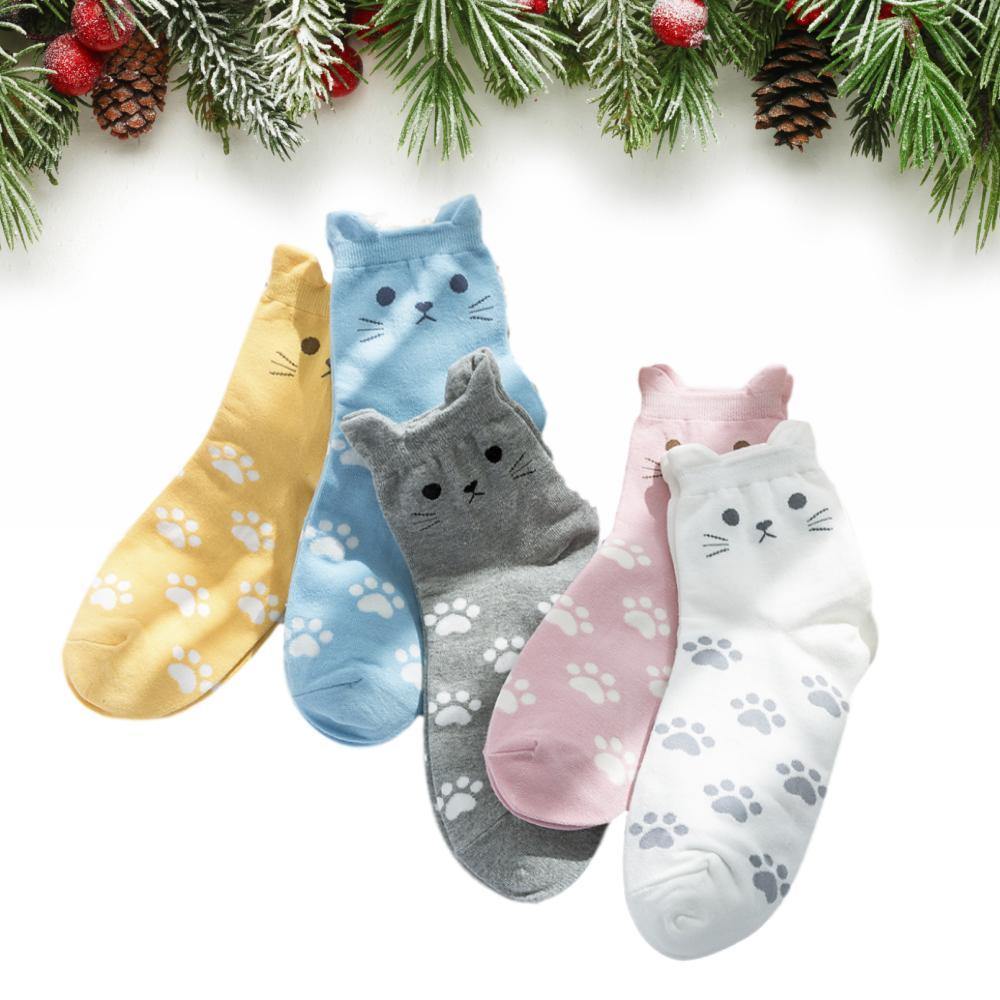 Womens Cat Ear Cozy Soft  Socks Gifts 5 Pairs - CHALIER