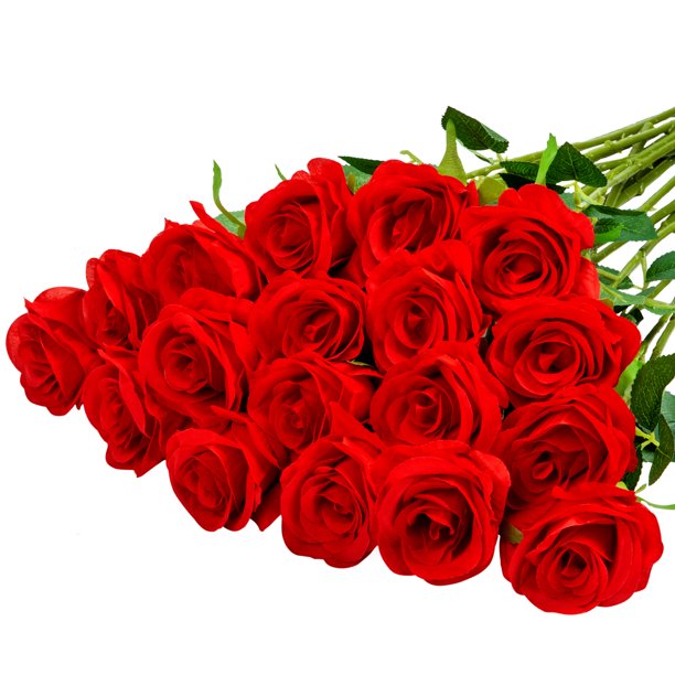 18 Pcs Red Artifical Red Roses Artificial Flowers Long Stem Silk Roses Bouquet for Valentines Day Decor Arrangement Wedding