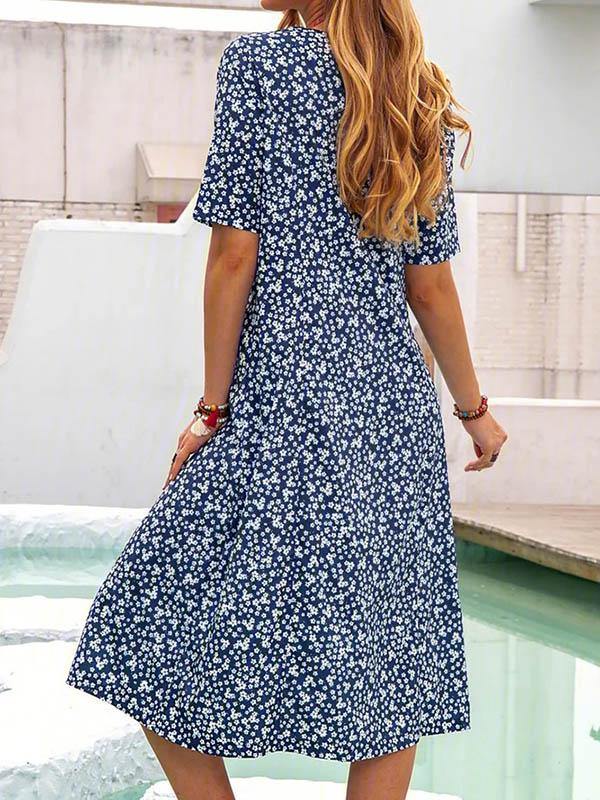 Women's Floral Printed Dress Casual Short Sleeve Midi Dress Plus Size - CHALIER