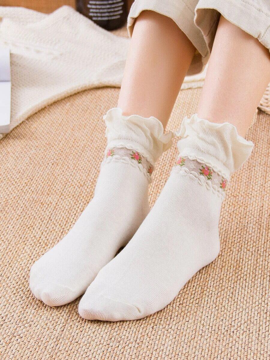 Womens Ditsy Floral Pattern Ruffle Hem Cute Socks 5 pairs - CHALIER