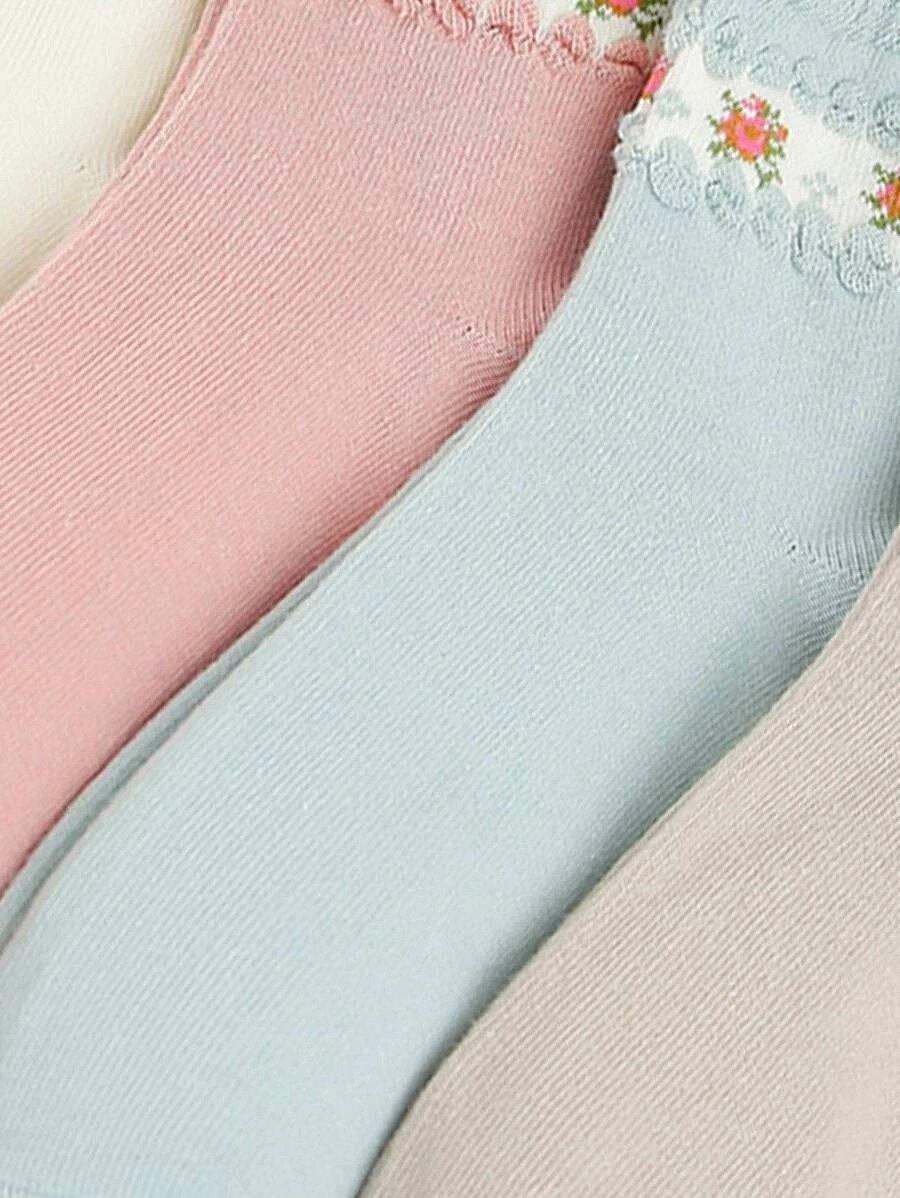 Womens Ditsy Floral Pattern Ruffle Hem Cute Socks 5 pairs - CHALIER