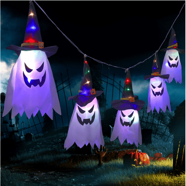 Halloween Decorations String Lights Outdoor Hanging, 11.5Ft 30 LED Lighted 5 Pcs Scary Witch Hat Ghost Battery Operated Light Up Tree Door Party Glowing Lighting Decor