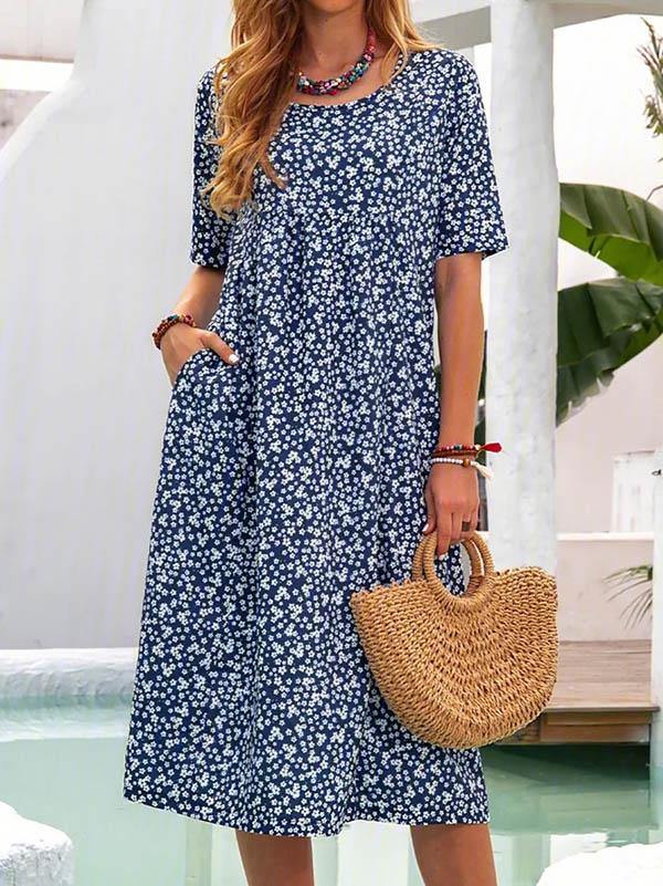 Women's Floral Printed Dress Casual Short Sleeve Midi Dress Plus Size - CHALIER