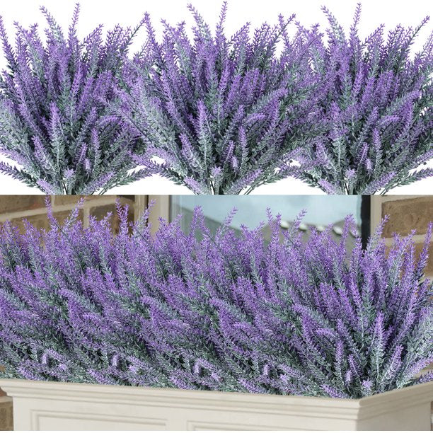 12 Bundles Artificial Flowers Fake Lavender Faux Plastic Purple Flowers for Home Garden Patio Window Box Office Table Centerpieces