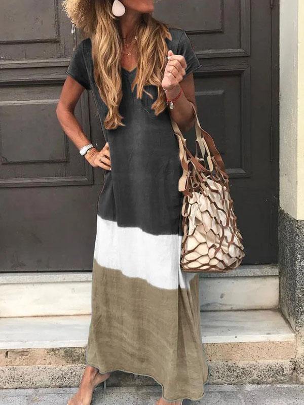 Women's Simple Casual V-Neck Loose Paneled Maxi Dress Short Sleeve Plus Size - CHALIER
