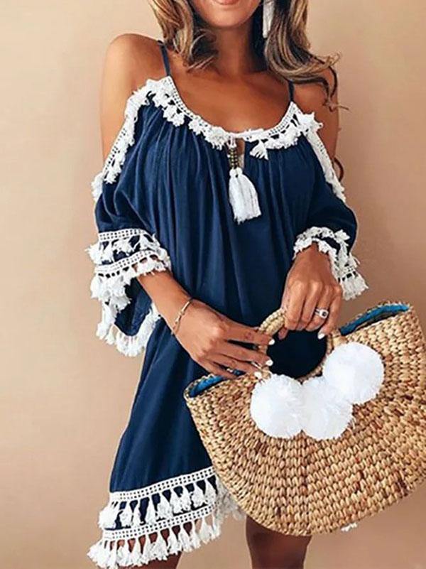 Women's Off Shoulder Slip Dress Tassel Mini Dress Holiday Plus Size