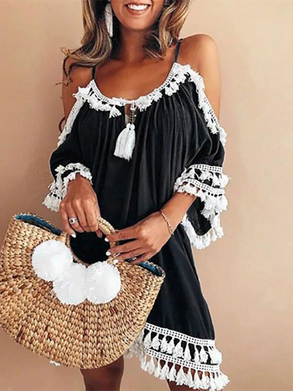 Women's Off Shoulder Slip Dress Tassel Mini Dress Holiday Plus Size - CHALIER