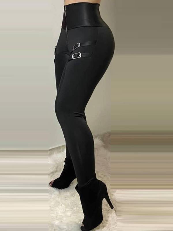 Zipper Design High Waist Skinny Fashion Cotton Pants Black - CHALIER