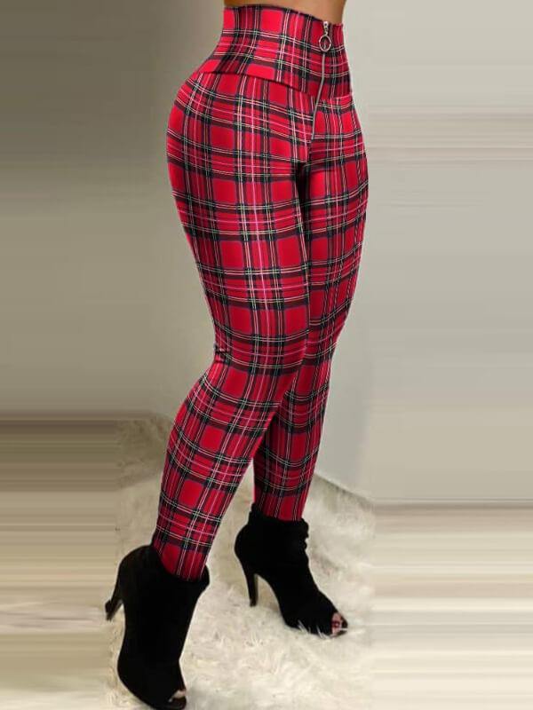 Chaliler Plaid Print Zipper Design High Waist Skinny Pants Red - CHALIER