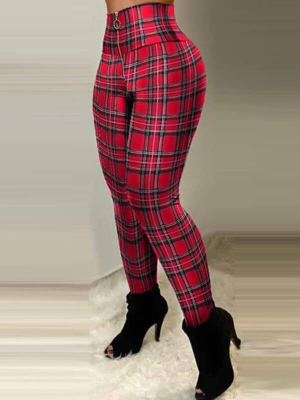 Chaliler Plaid Print Zipper Design High Waist Skinny Pants Red - CHALIER