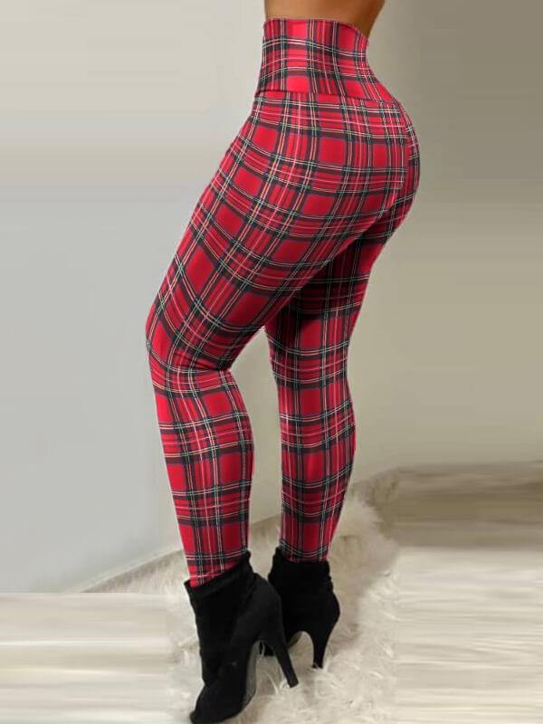 Chaliler Plaid Print Zipper Design High Waist Skinny Pants Red - CHALIER