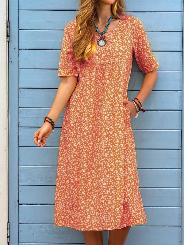 Women's Floral Printed Dress Casual Short Sleeve Midi Dress Plus Size