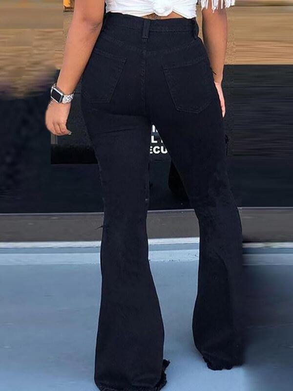 High Waist Pocket Bell-Bottom Destroyed Fashion Jeans - CHALIER