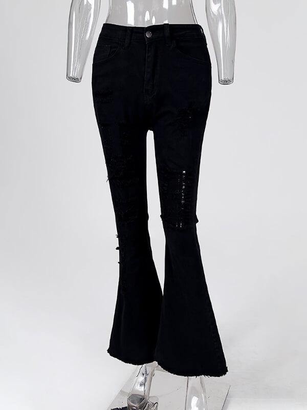 High Waist Pocket Bell-Bottom Destroyed Fashion Jeans - CHALIER