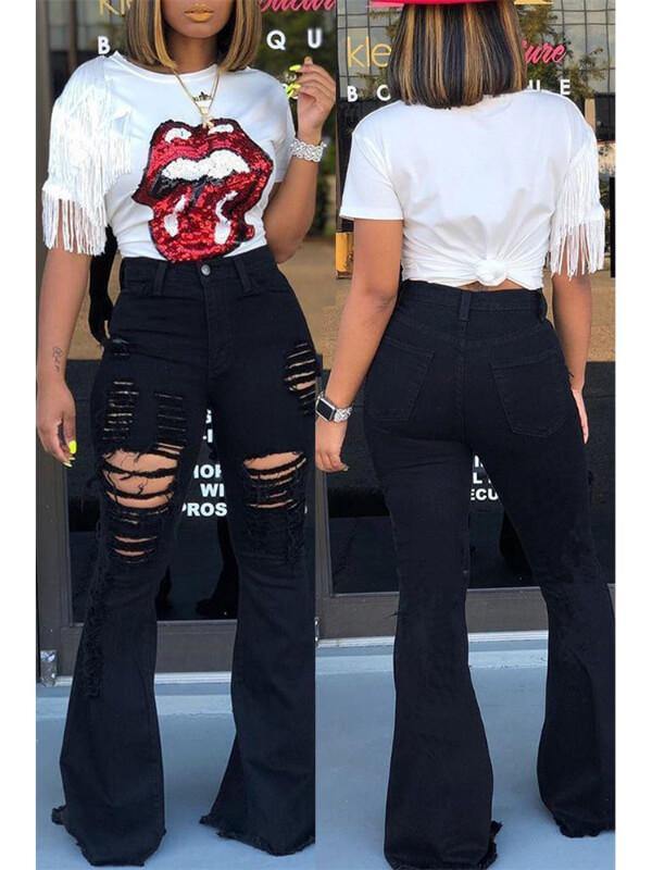 High Waist Pocket Bell-Bottom Destroyed Fashion Jeans - CHALIER