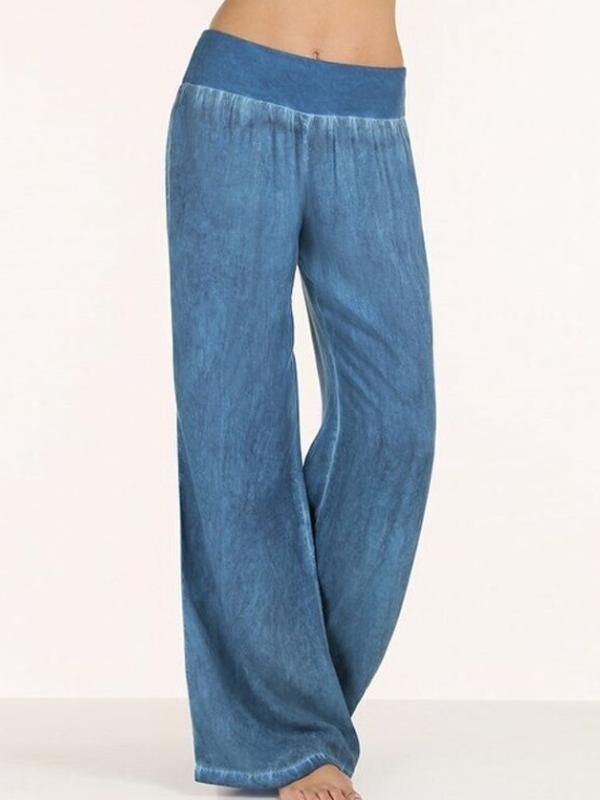 Women Loose Bell Bottom Baggy Jeans High Elastic Waist Plus Size Basic Cotton Casual Pants - CHALIER