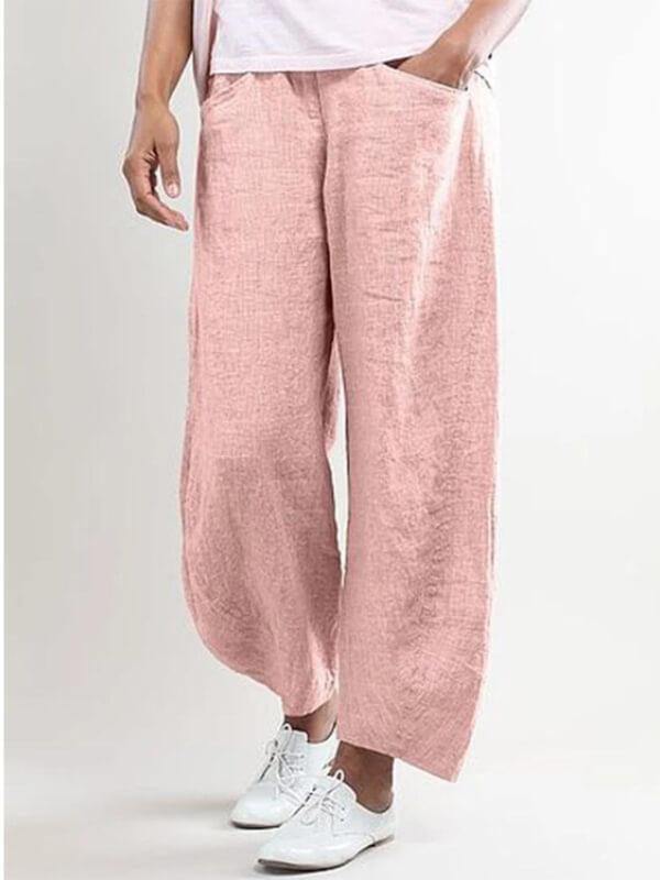 Chalier Women Wide Leg Shift Cotton Pockets Solid Plus Size Casual Pants - CHALIER