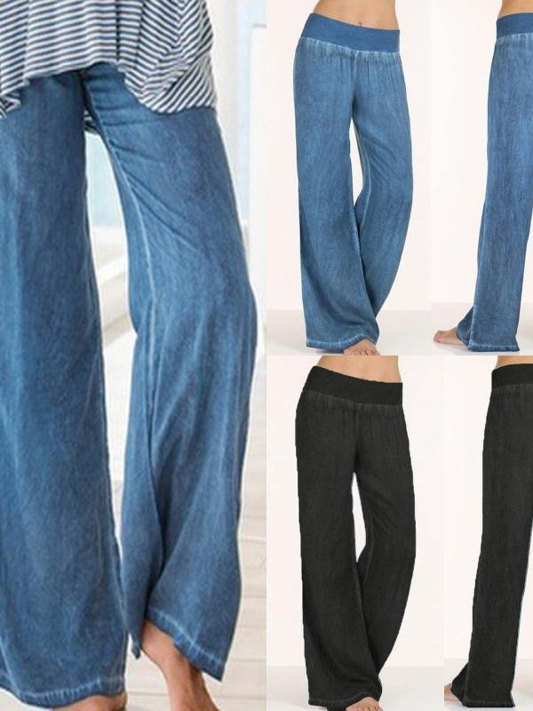 Women Loose Bell Bottom Baggy Jeans High Elastic Waist Plus Size Basic Cotton Casual Pants - CHALIER