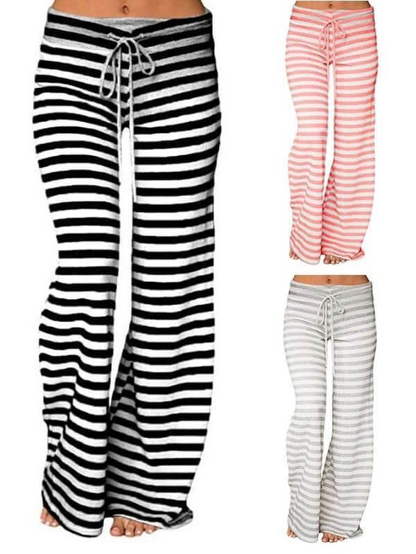 Womens Comfy Stretch Stripe Drawstring Long Wide Leg Lounge Loose High Waist Palazzo Pants Yoga Sport Sweatpants Plus Size - CHALIER
