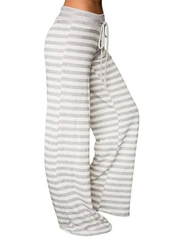 Womens Comfy Stretch Stripe Drawstring Long Wide Leg Lounge Loose High Waist Palazzo Pants Yoga Sport Sweatpants Plus Size - CHALIER