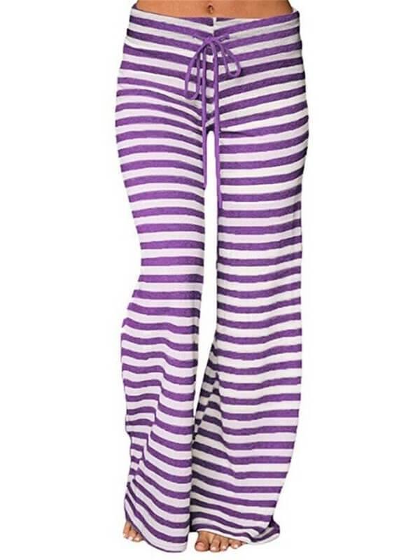 Womens Comfy Stretch Stripe Drawstring Long Wide Leg Lounge Loose High Waist Palazzo Pants Yoga Sport Sweatpants Plus Size - CHALIER