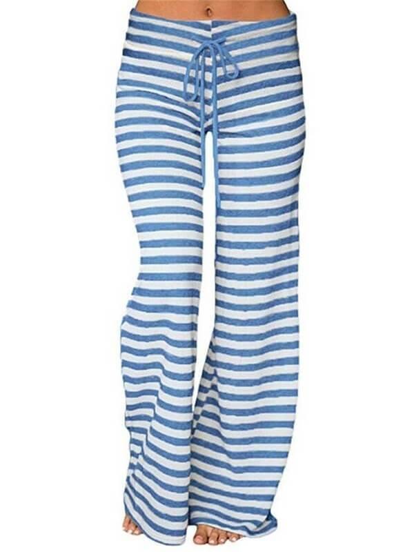 Womens Comfy Stretch Stripe Drawstring Long Wide Leg Lounge Loose High Waist Palazzo Pants Yoga Sport Sweatpants Plus Size - CHALIER