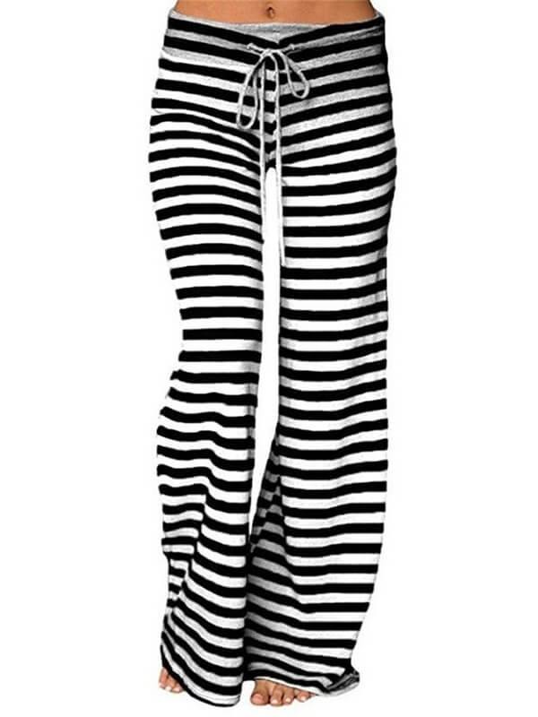 Womens Comfy Stretch Stripe Drawstring Long Wide Leg Lounge Loose High Waist Palazzo Pants Yoga Sport Sweatpants Plus Size - CHALIER