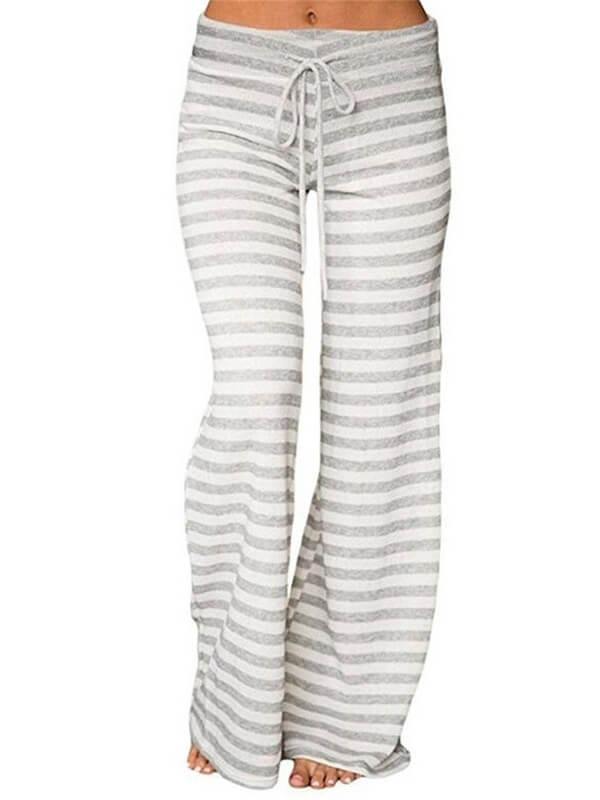 Womens Comfy Stretch Stripe Drawstring Long Wide Leg Lounge Loose High Waist Palazzo Pants Yoga Sport Sweatpants Plus Size - CHALIER