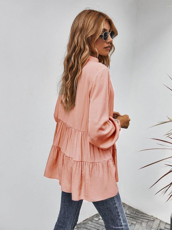 Ladies V Neck Long Sleeve Solide Causal Blouse - CHALIER