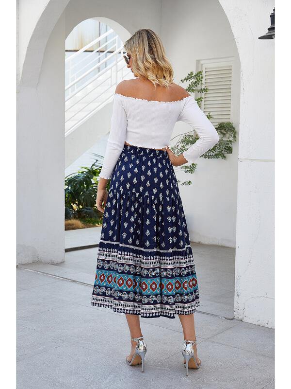 Women Holiday Shift Bohemian Floral Printed Fashion Casual Maxi Skirt - CHALIER