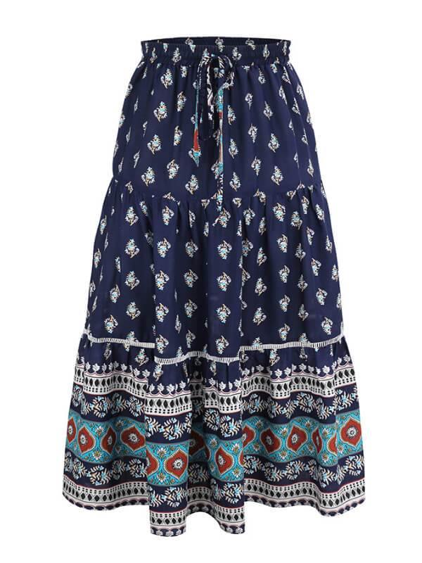 Women Holiday Shift Bohemian Floral Printed Fashion Casual Maxi Skirt - CHALIER