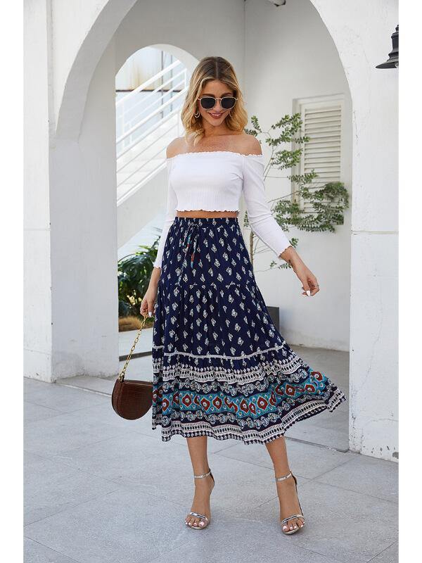 Women Holiday Shift Bohemian Floral Printed Fashion Casual Maxi Skirt - CHALIER