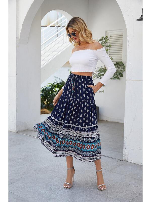 Women Holiday Shift Bohemian Floral Printed Fashion Casual Maxi Skirt - CHALIER