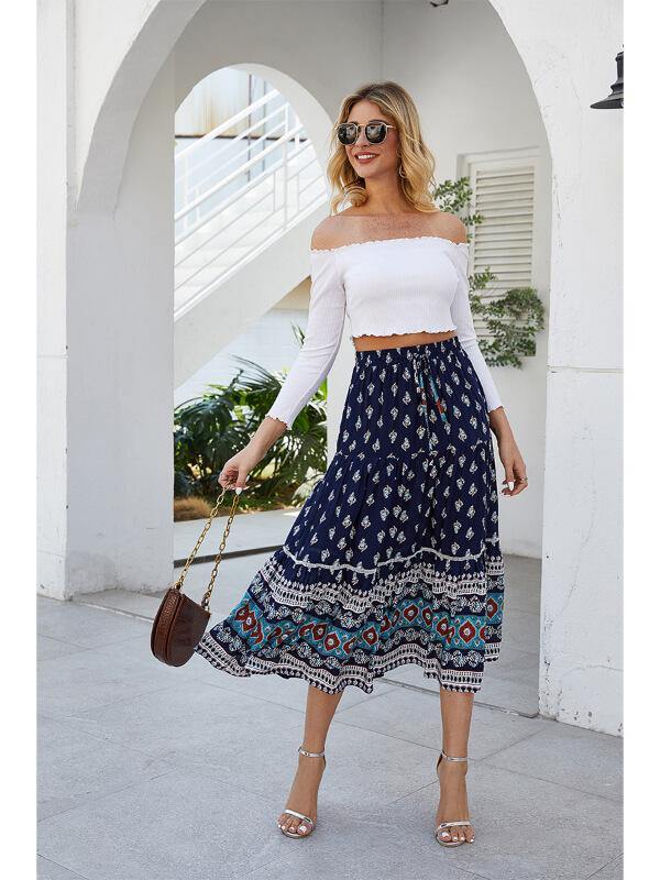Women Holiday Shift Bohemian Floral Printed Fashion Casual Maxi Skirt - CHALIER