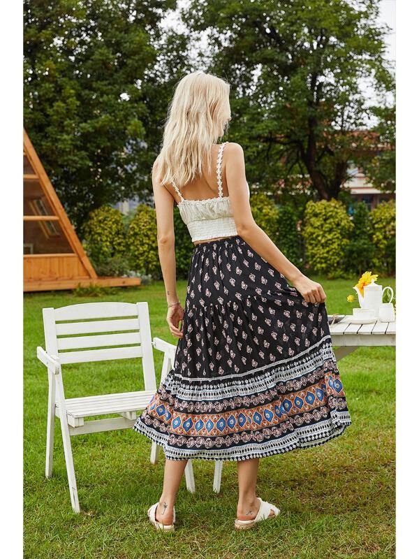 Women Holiday Shift Bohemian Floral Printed Long Casual Beach Maxi Skirt - CHALIER
