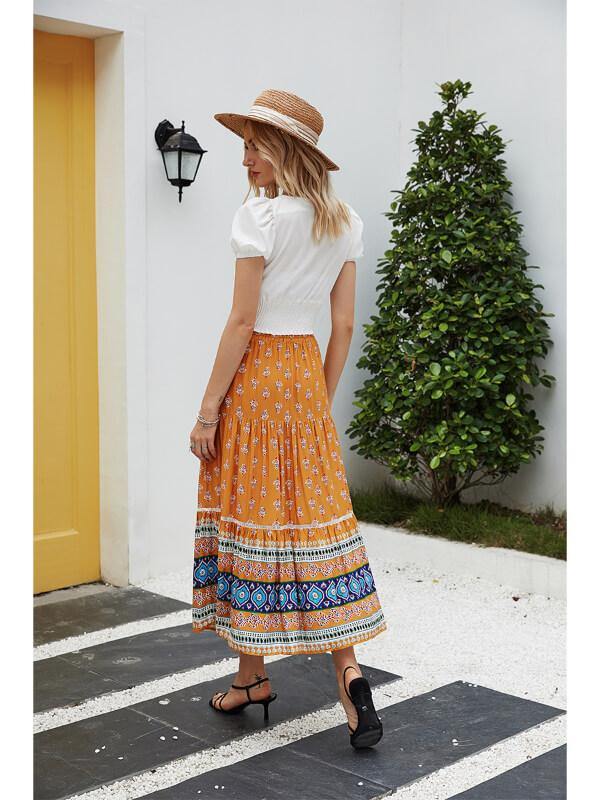 Chalier Holiday Shift Bohemian Floral Printed Maxi Skirt Orange - CHALIER