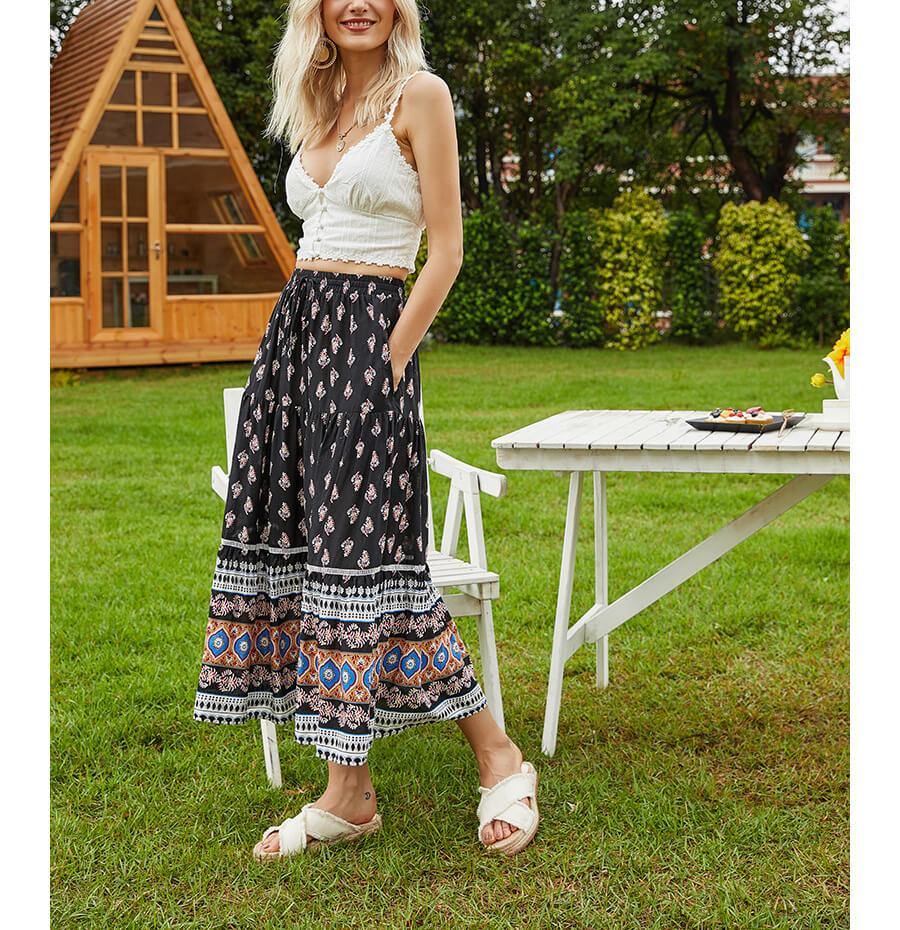 Women Holiday Shift Bohemian Floral Printed Long Casual Beach Maxi Skirt - CHALIER