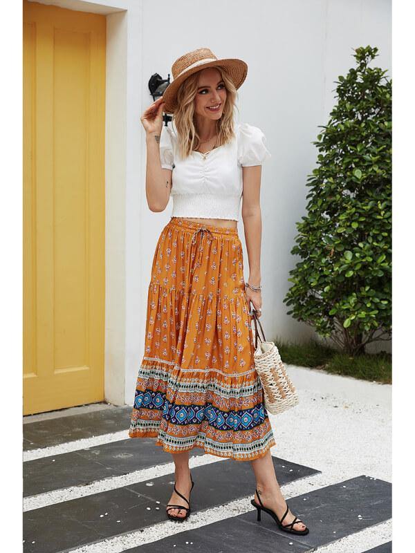 Chalier Holiday Shift Bohemian Floral Printed Maxi Skirt Orange - CHALIER