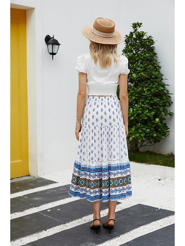 Women Holiday Shift Bohemian Floral Printed Long Beach Maxi Skirt - CHALIER