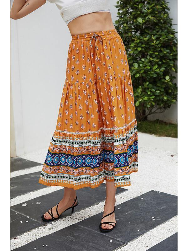 Chalier Holiday Shift Bohemian Floral Printed Maxi Skirt Orange - CHALIER