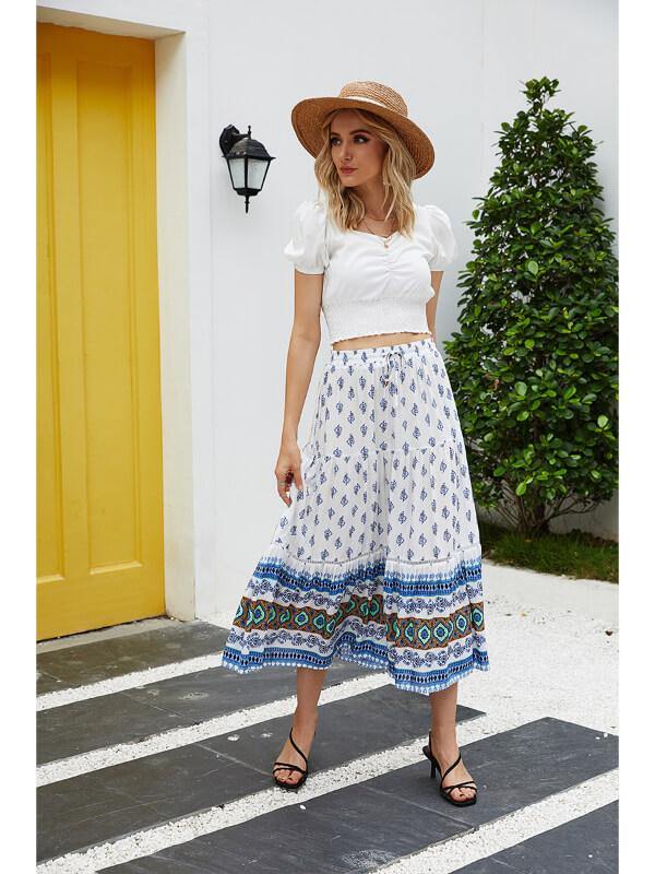 Women Holiday Shift Bohemian Floral Printed Long Beach Maxi Skirt - CHALIER